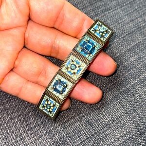 Gorgeous Floral Shades of Blue Jeweled Pave Goldtone Statement Stretch Bracelet